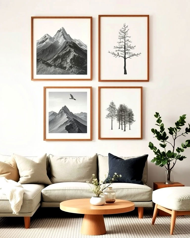 scandinavian rustic living room with nature inspired wall art - 30 Rustic Scandinavian Living Room Ideas