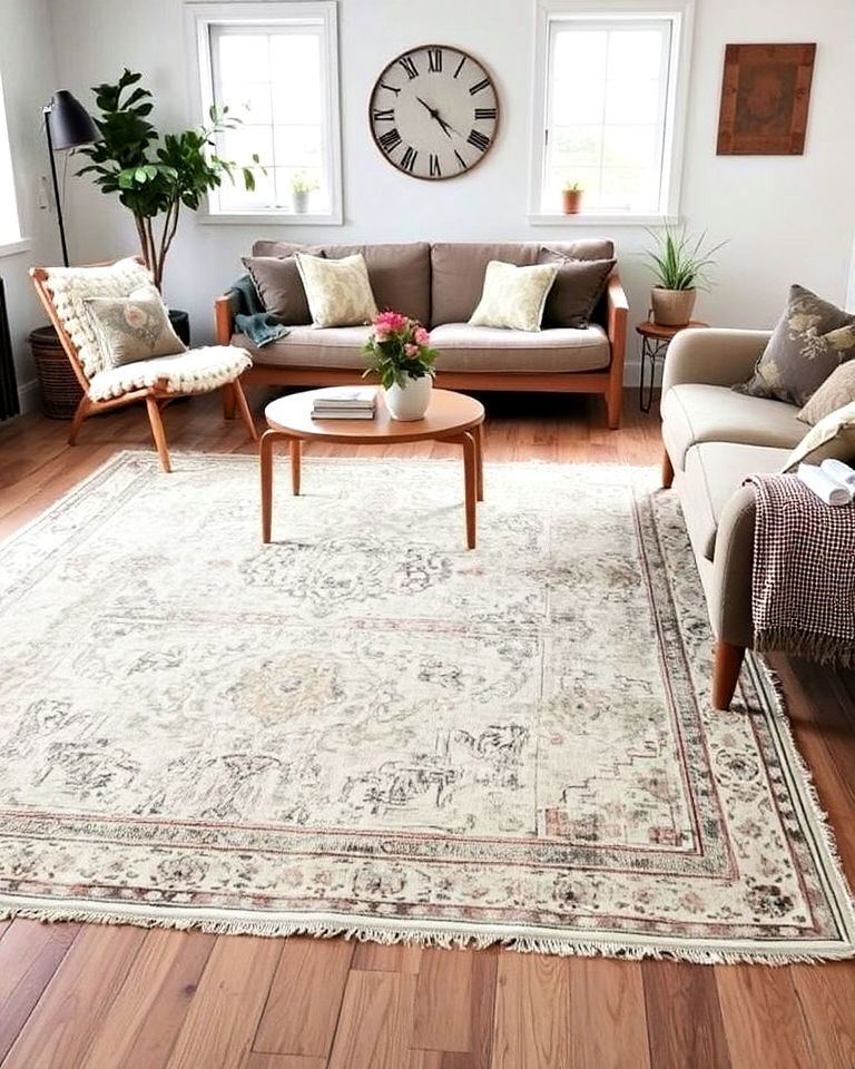 scandinavian rustic living room with vintage rug - 30 Rustic Scandinavian Living Room Ideas