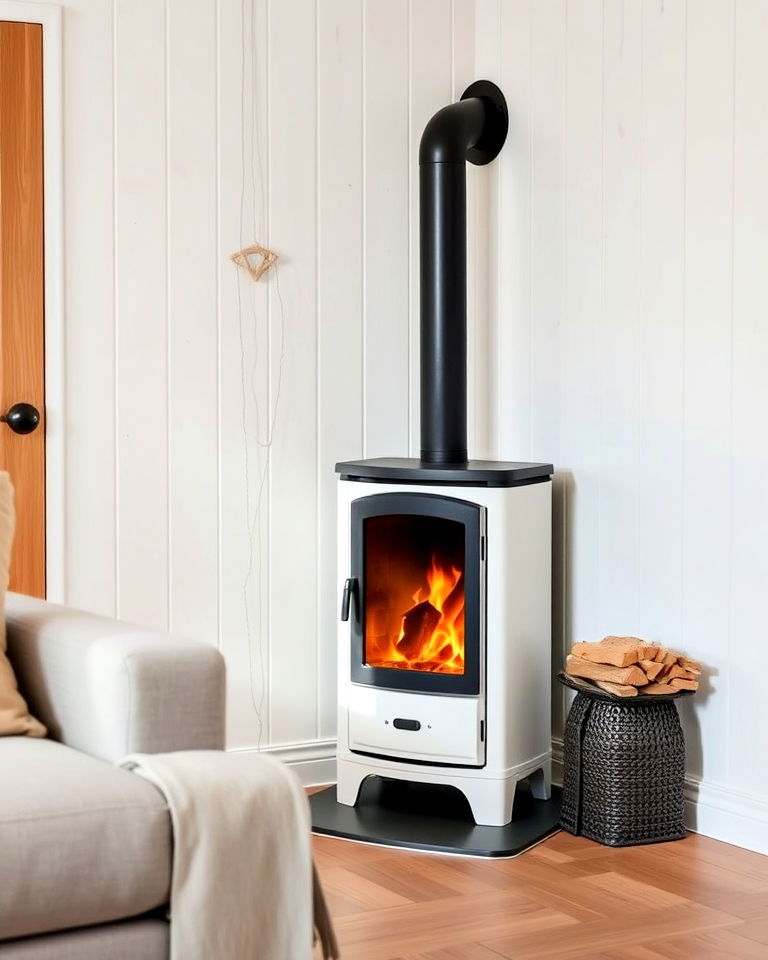 scandinavian space with compact corner wood stove - 20 Scandinavian Fireplace Ideas