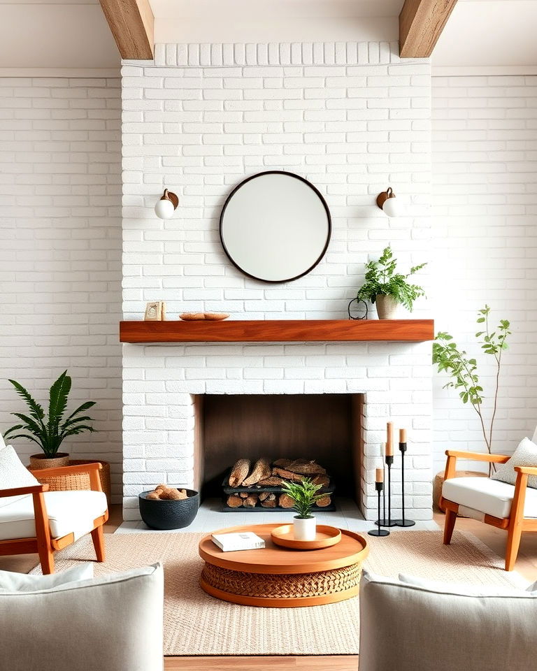 scandinavian space with whitewashed brick fireplace - 20 Scandinavian Fireplace Ideas