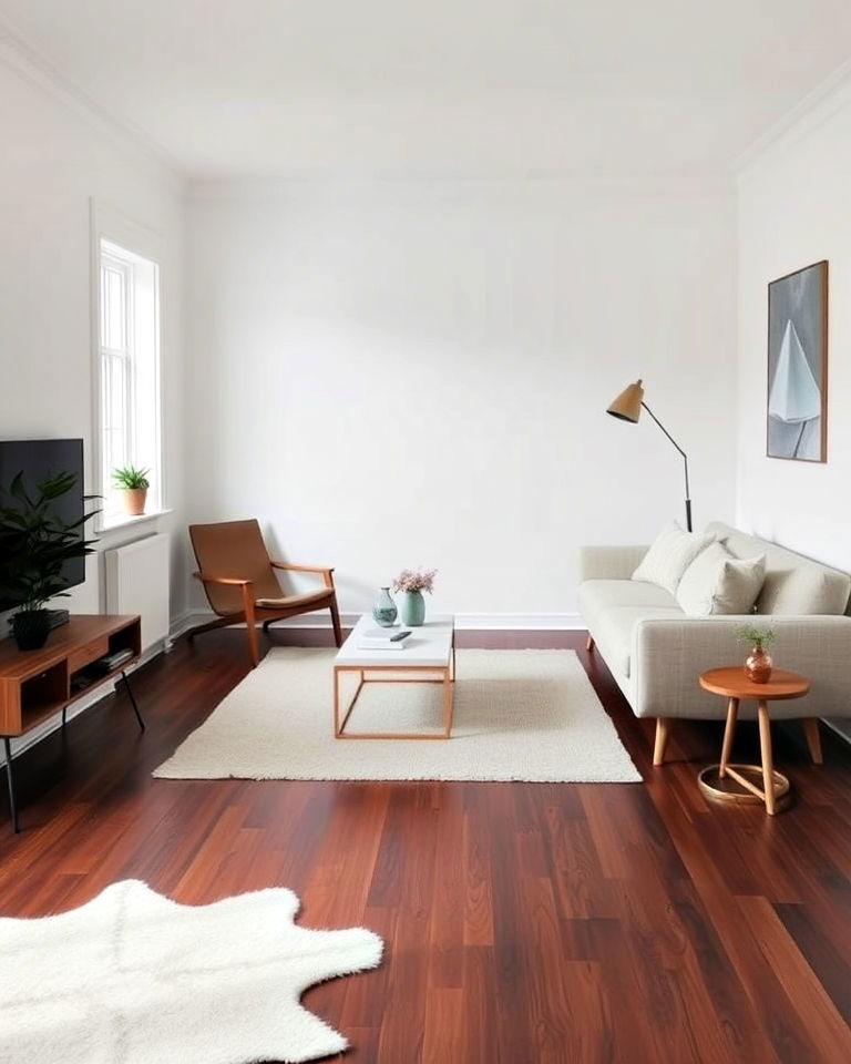 scandinavian style room with dark walnut floor and white decor - 20 Dark Walnut Floors for Rooms
