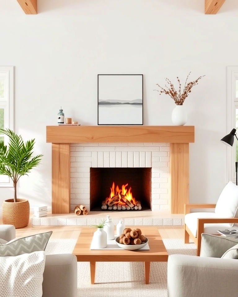 scandinavian vibe light pine mantel - 20 Wood Fireplace Mantel Ideas