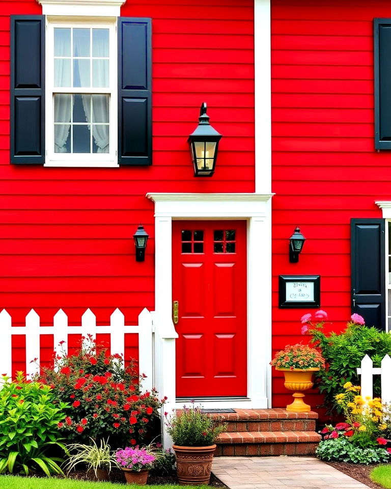 scarlet red house exterior with black and white details - 20 Dark Red House Exterior Ideas