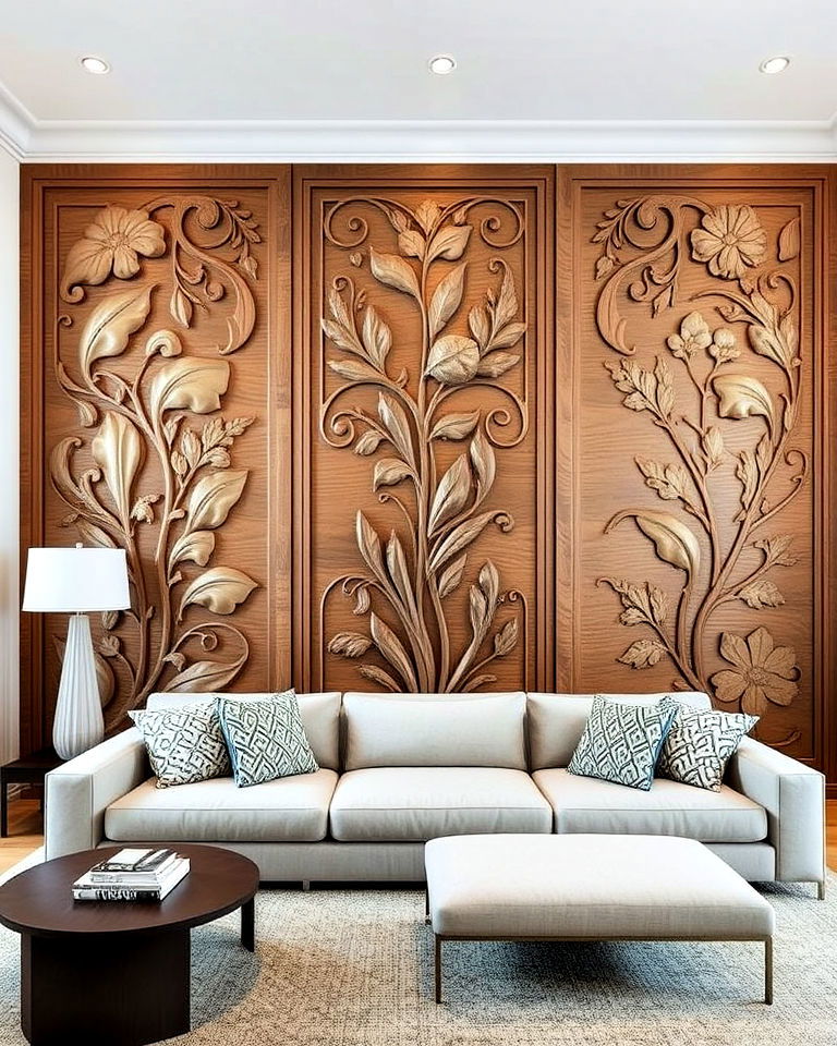 sculpted wood panels for artistic touch - 40 Wall Paneling Ideas