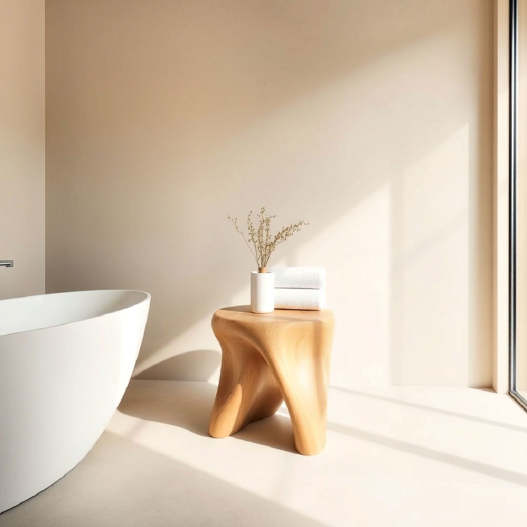 sculptural wooden stool for japandi bathroom - 40 Japandi Bathroom Ideas