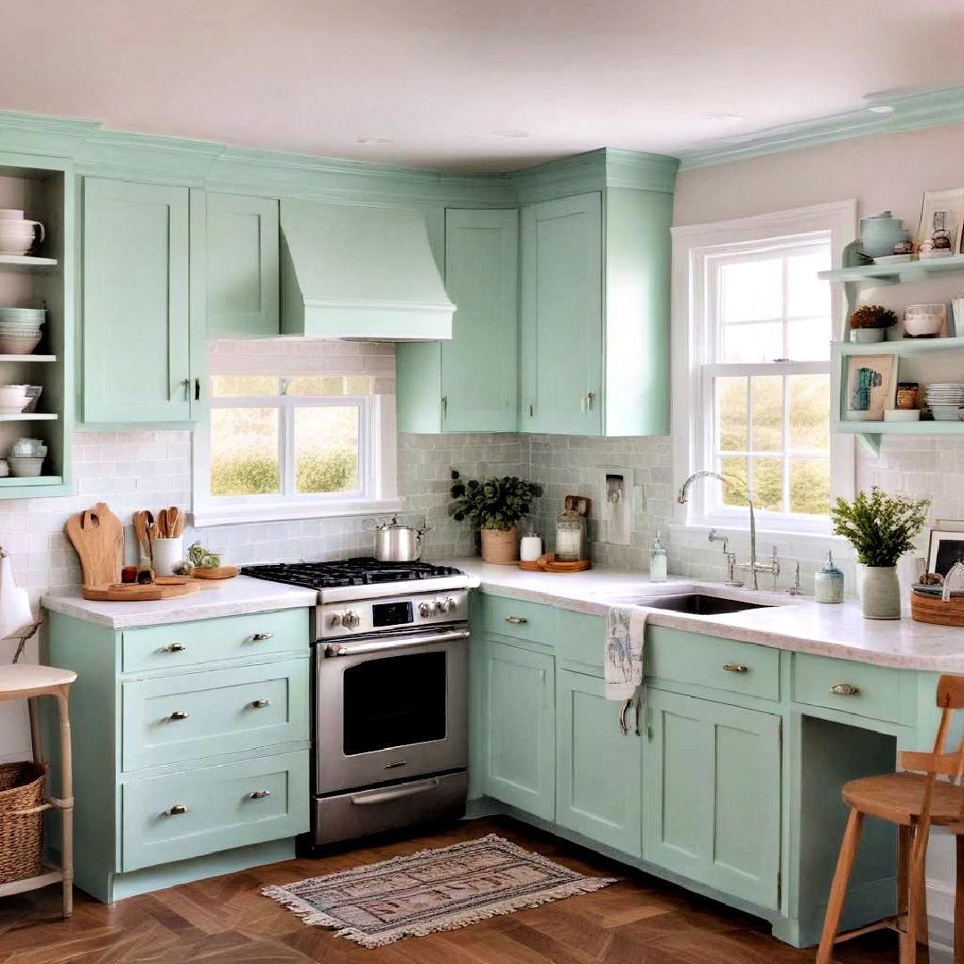 seafoam green cabinets to add refreshing look - 40 Painted Kitchen Cabinet Ideas
