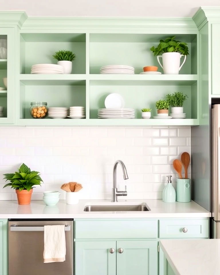 seafoam green shelving for soft touch - 15 Seafoam Green Kitchen Ideas