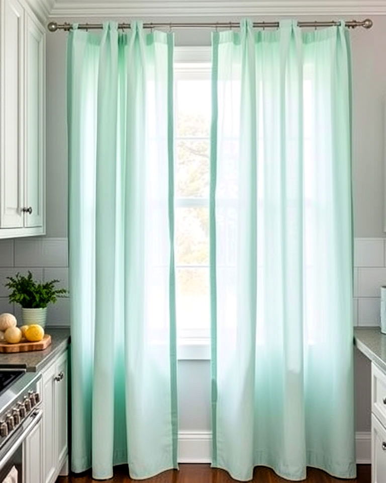 seafoam green window treatment for coastal feel - 15 Seafoam Green Kitchen Ideas