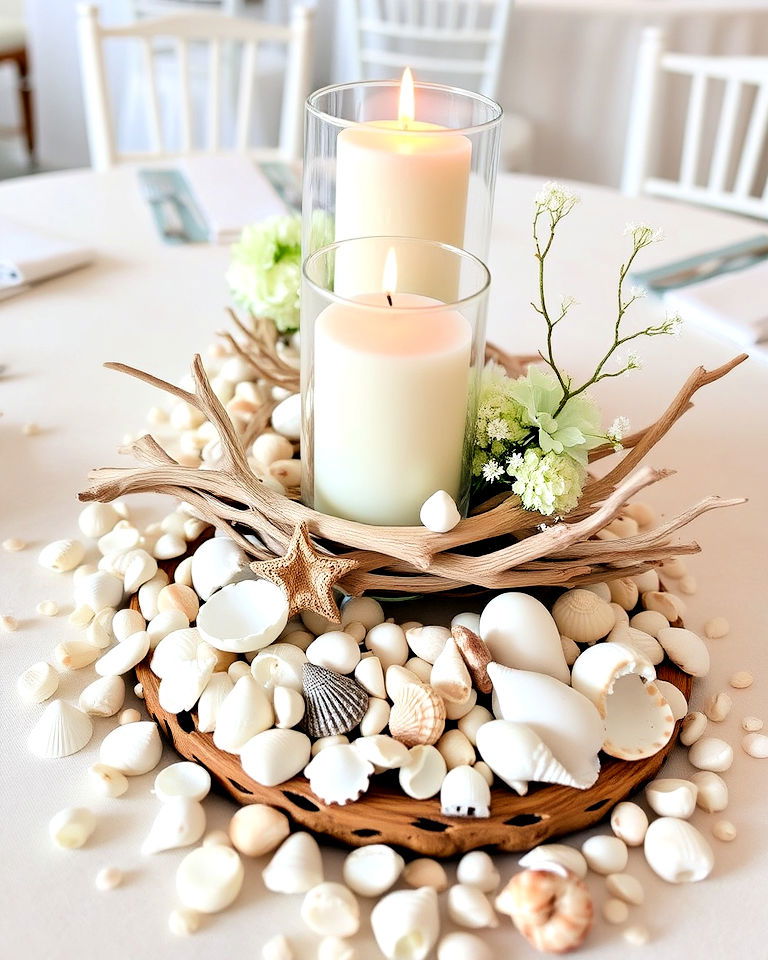 seashell and driftwood accents for coastal themed wedding - 30 Wedding Table Decoration Ideas