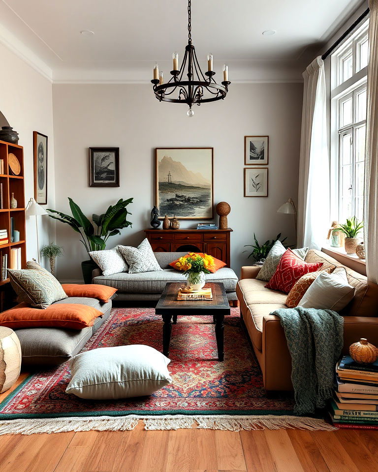 seating areas with low furniture - 30 Bohemian Maximalist Decor Ideas