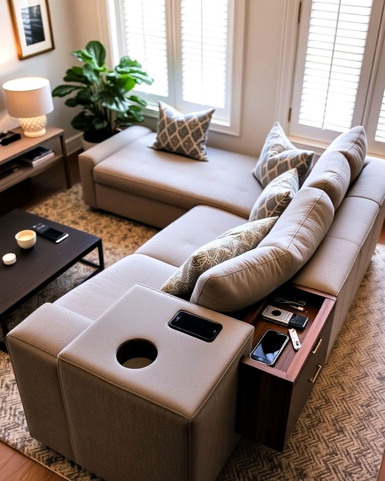 sectional with built in console design - 30 Small Living Room Sectional Layout Ideas