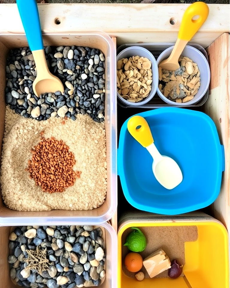 sensory mud kitchen with different textures - 20 Mud Kitchen Ideas