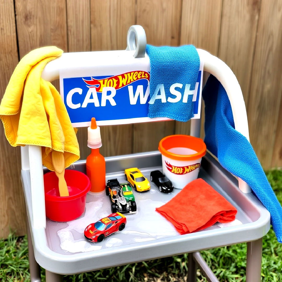 set up a car wash activity station - 25 Hot Wheels Birthday Party Ideas