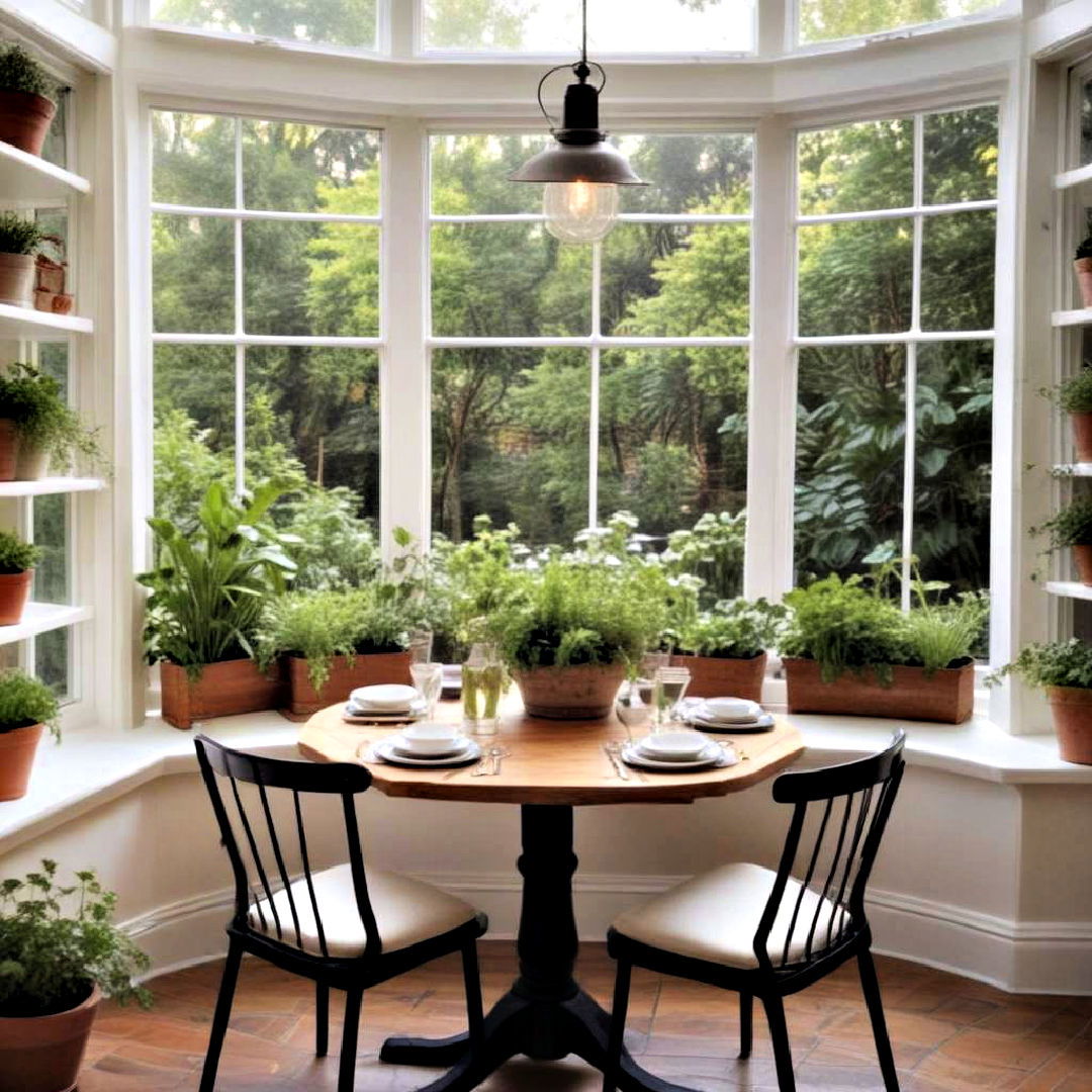 set up a garden dining - 40 Bay Window Ideas