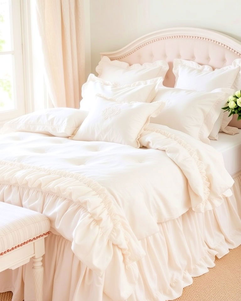 shabby chic bedroom with ruffled bed linens - 20 Shabby Chic Bedroom Ideas