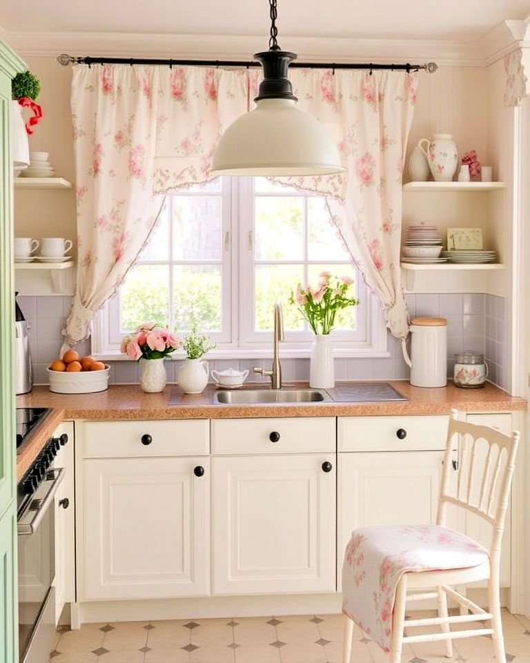 shabby chic kitchen with floral fabrics - 15 Shabby Chic Kitchen Ideas