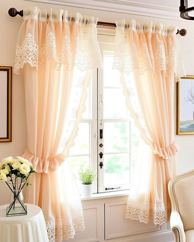 shabby chic layered curtains - 40 Farmhouse Window Treatment Ideas