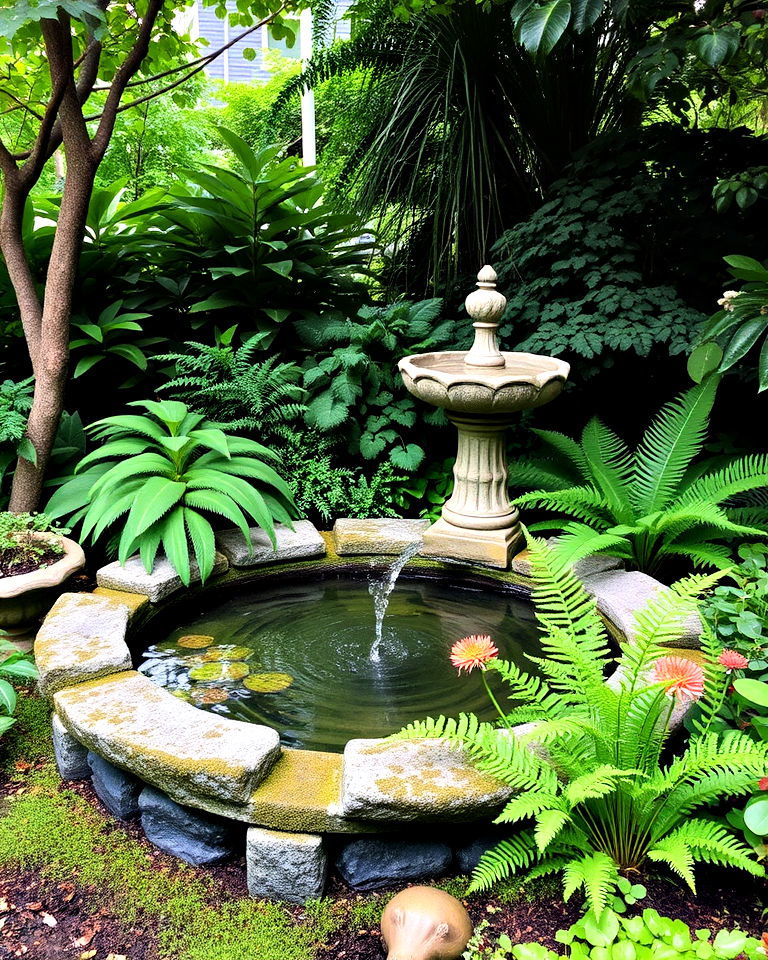 shady garden with calming water feature - 20 Shady Garden Ideas