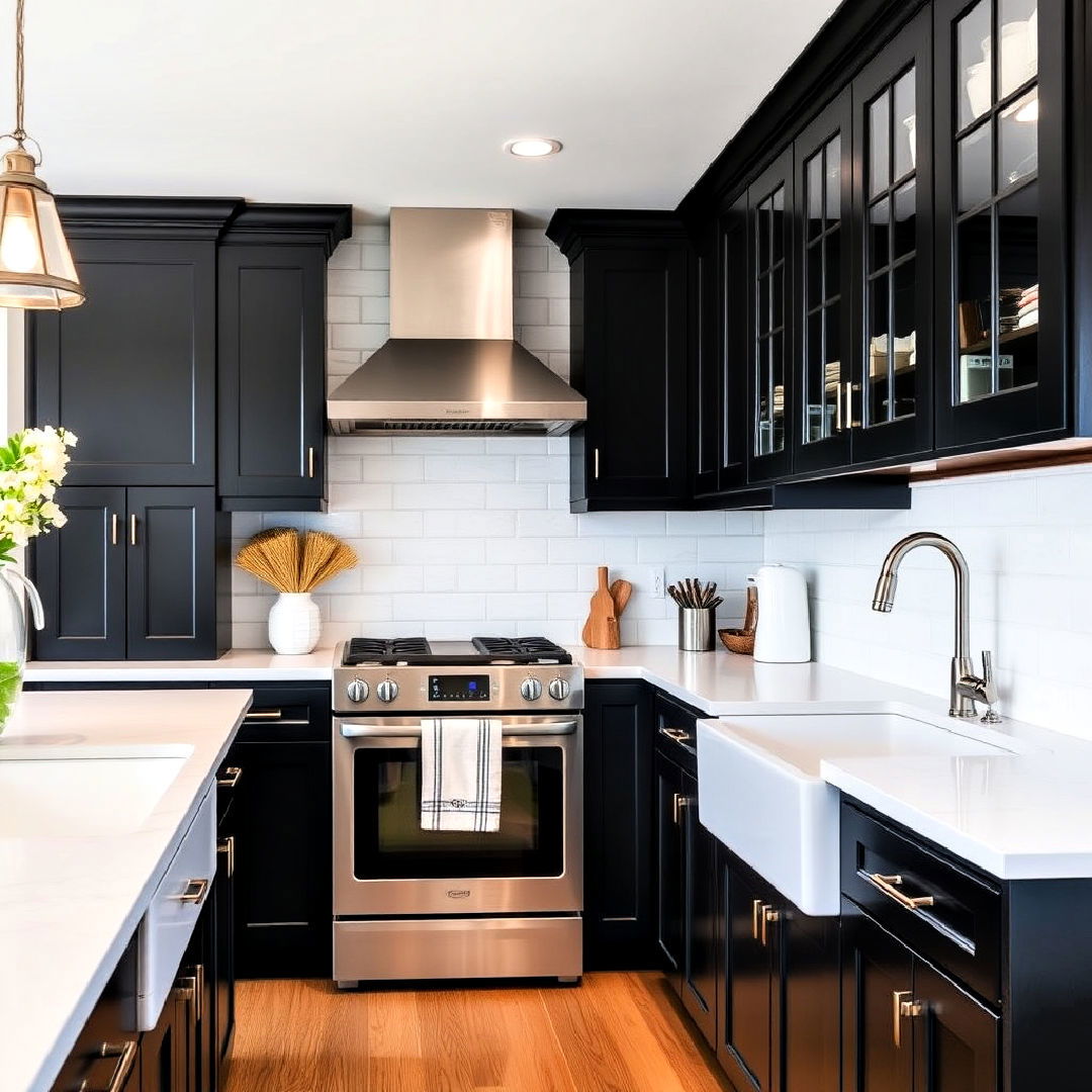 shaker style black kitchen cabinets with white quartz countertops - 15 Black Kitchen Cabinets With White Countertops