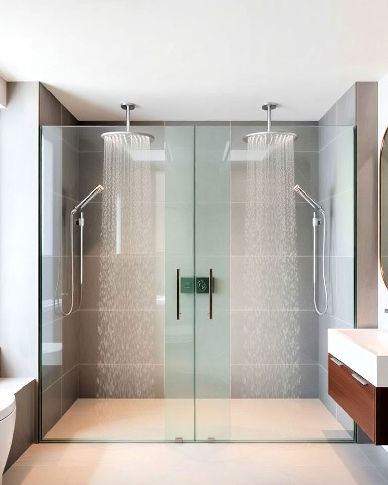 shared shower area with dual showerheads - 30 Open Concept Bathroom Ideas