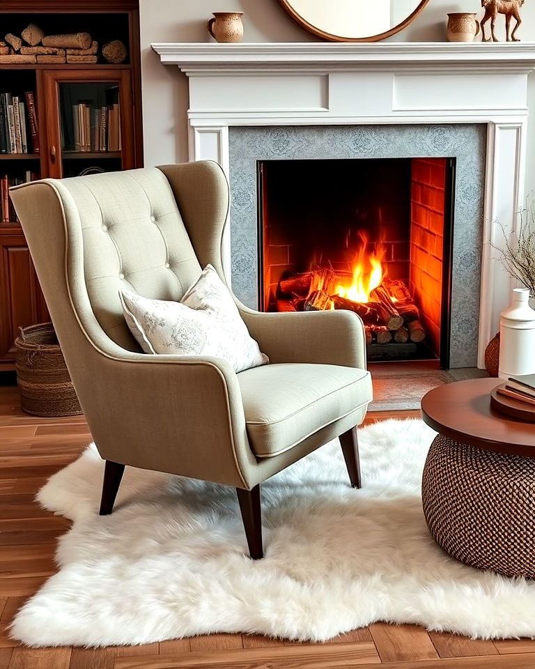 sheepskin rug and high back armchair - 20 Chairs in Front of Fireplace Ideas