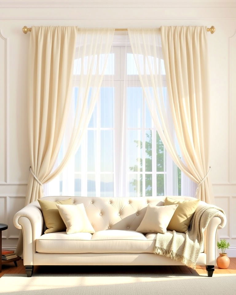 sheer curtains and classic sofa - 20 Couch in Front of Window Ideas