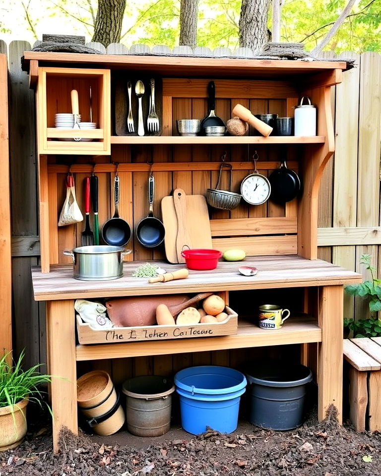 shelves and storage for mud kitchen - 20 Mud Kitchen Ideas