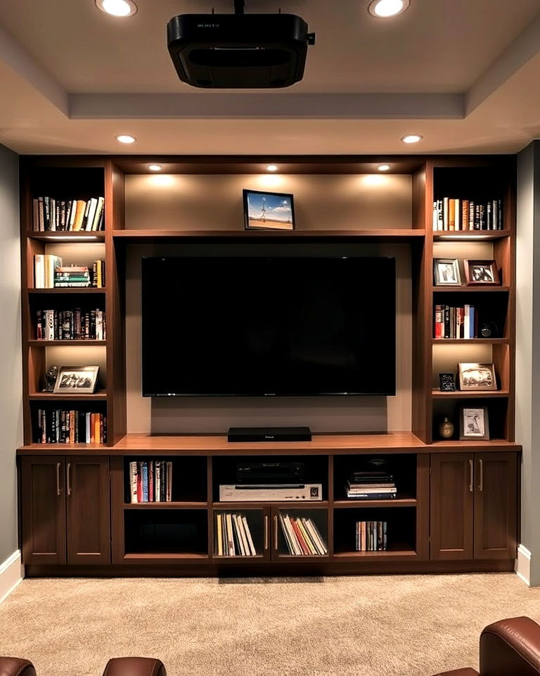 shelving units to organize movie collection - 25 Basement Home Theater Ideas