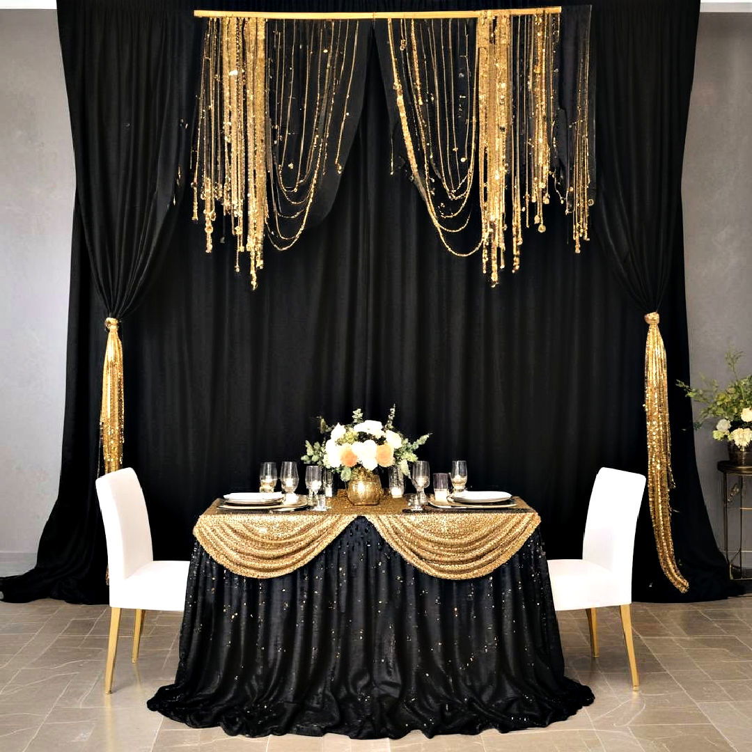 shimmering fabric drapes ideas - 20 Black and Gold Centerpiece Ideas