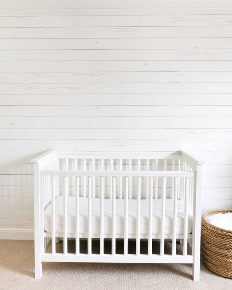 shiplap accent wall for farmhouse nursery - 15 Farmhouse Nursery Ideas