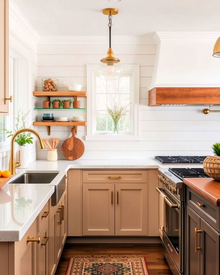shiplap backsplash with brass fixtures - 30 Shiplap Backsplash Ideas for Your Kitchen