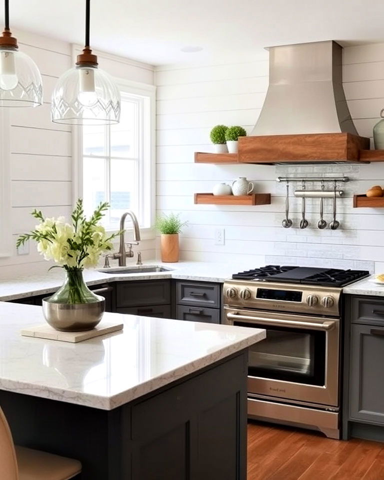 shiplap backsplash with quartz countertops - 30 Shiplap Backsplash Ideas for Your Kitchen