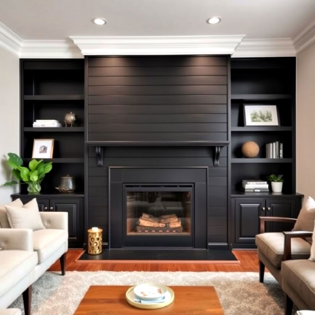 shiplap fireplace with built in shelves - 40 Black Shiplap Fireplace Ideas