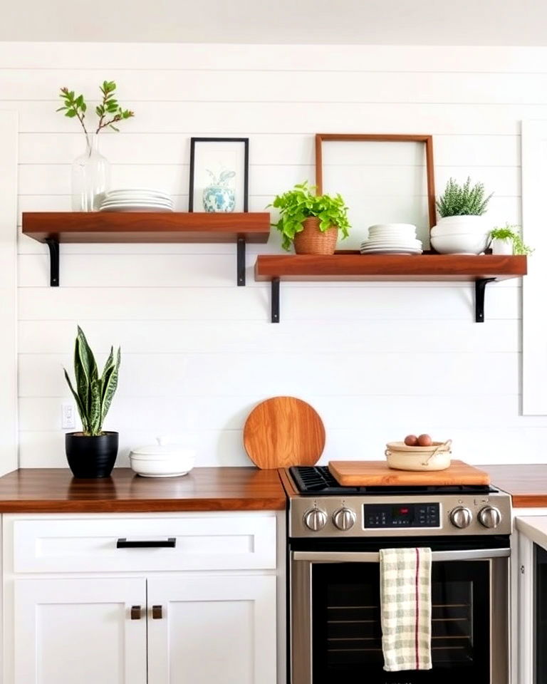 shiplap paired with floating shelves - 30 Shiplap Backsplash Ideas for Your Kitchen
