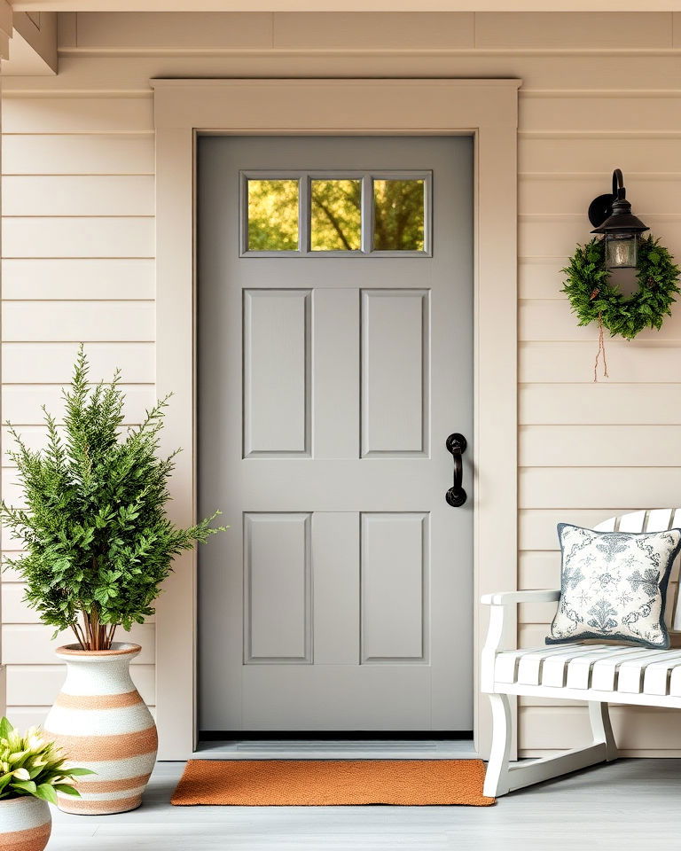 shiplap texture for warm grey front door - 25 Grey Front Door Ideas