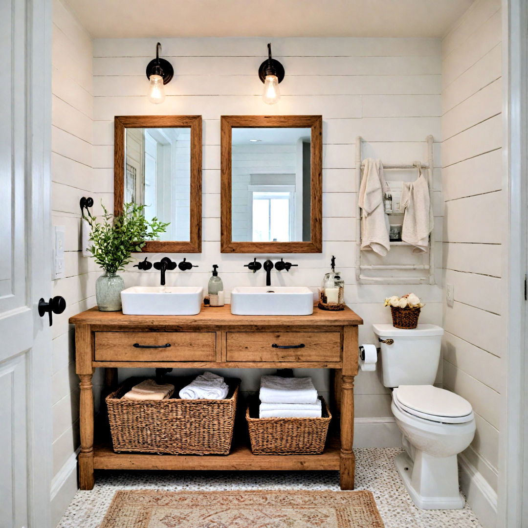 shiplap wall for farmhouse bathroom - 40 Farmhouse Bathroom Ideas