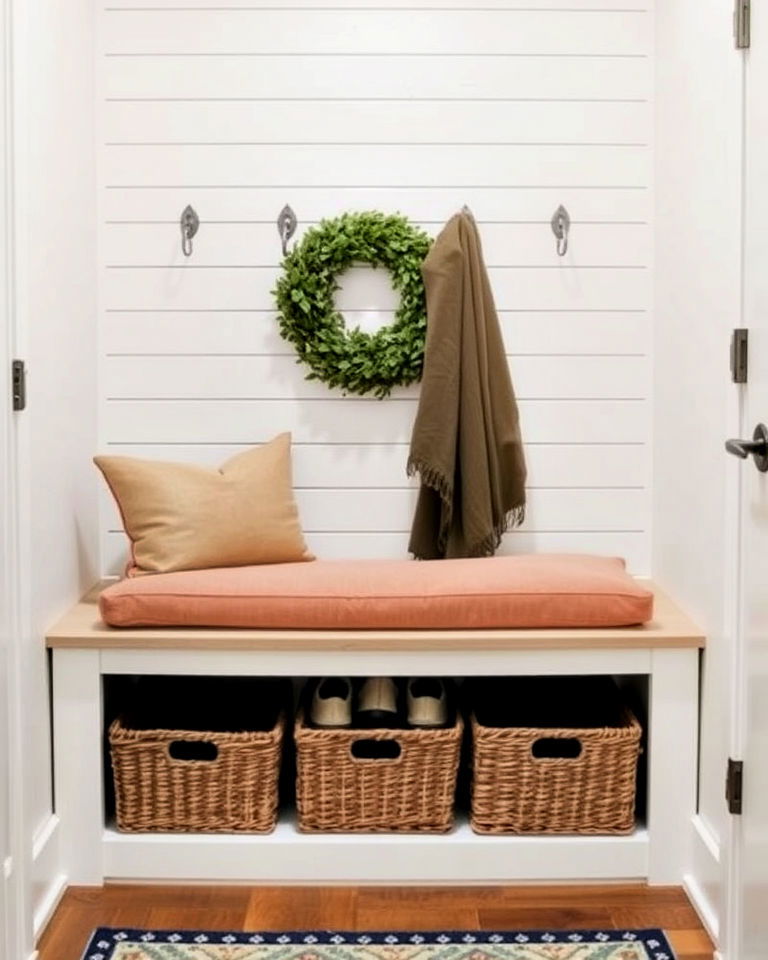 shiplap with built in bench for entryway - 25 Shiplap Wall Entryway Ideas