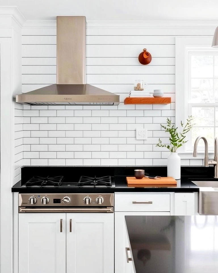 shiplap with classic subway tiles - 30 Shiplap Backsplash Ideas for Your Kitchen