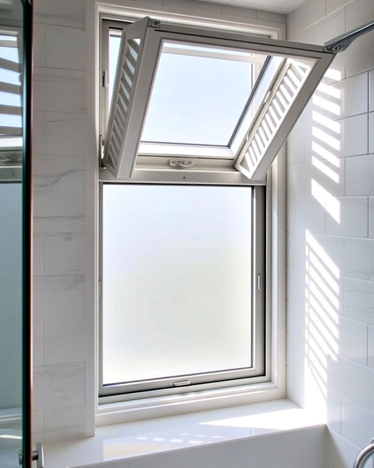 shower window with integrated louvers - 30 Shower Window Ideas