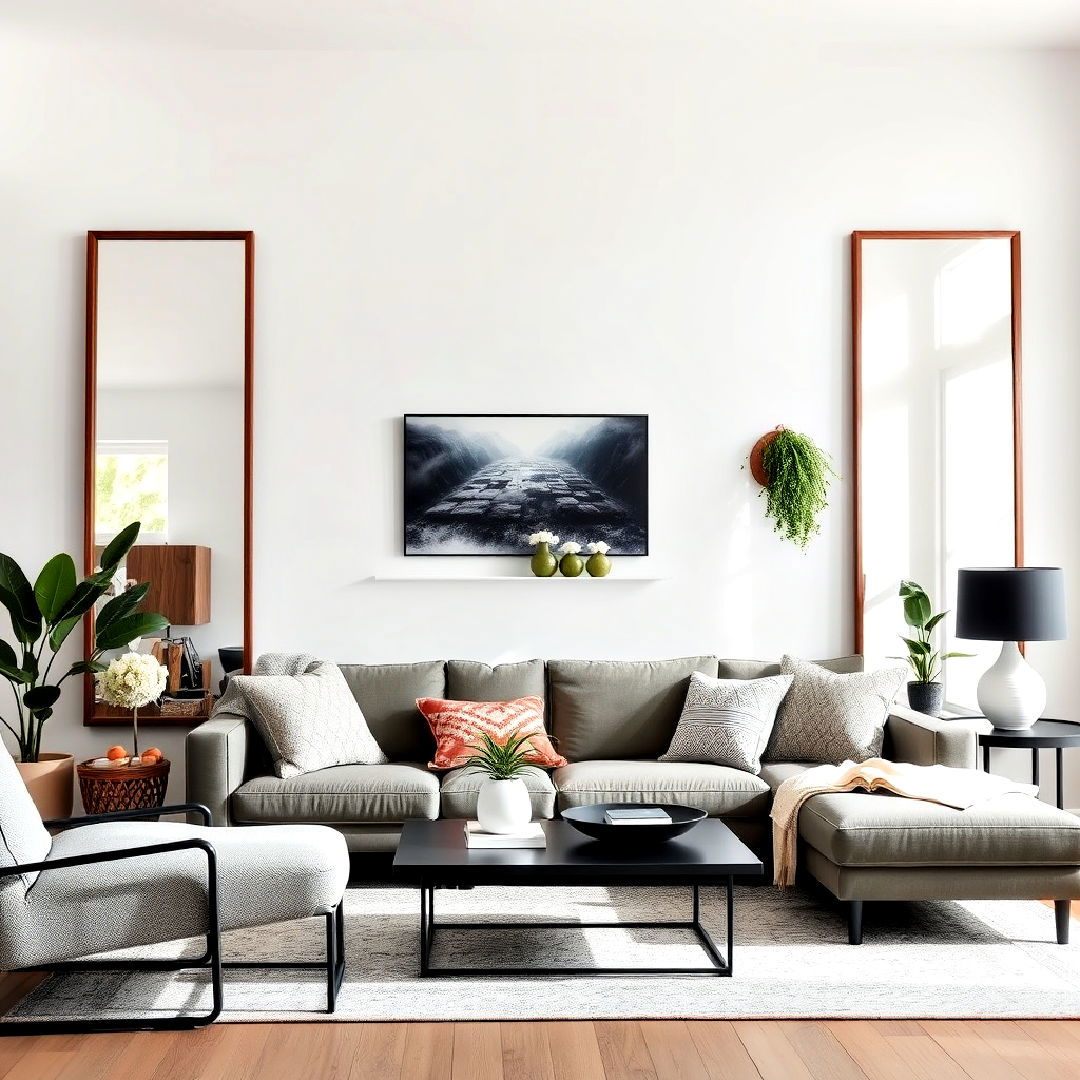 simple framed mirrors to reflect light - 25 Organic Modern Living Room Design Ideas