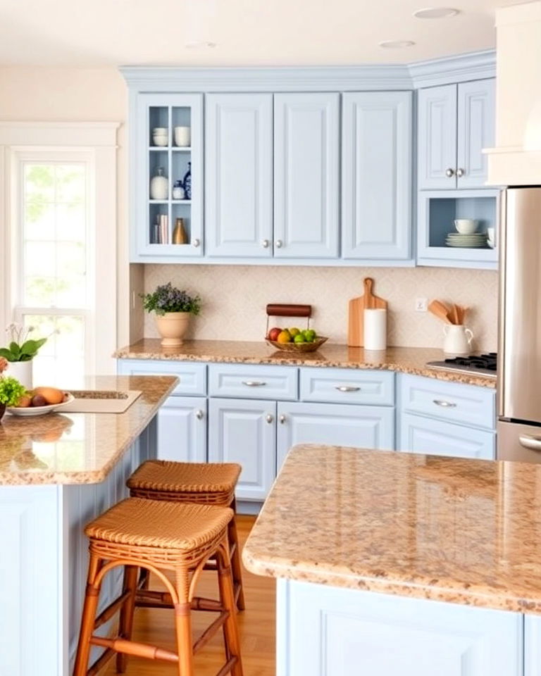 sky blue cabinets paired with brown granite countertops - 20 Blue Kitchen Cabinets With Brown Granite Countertops