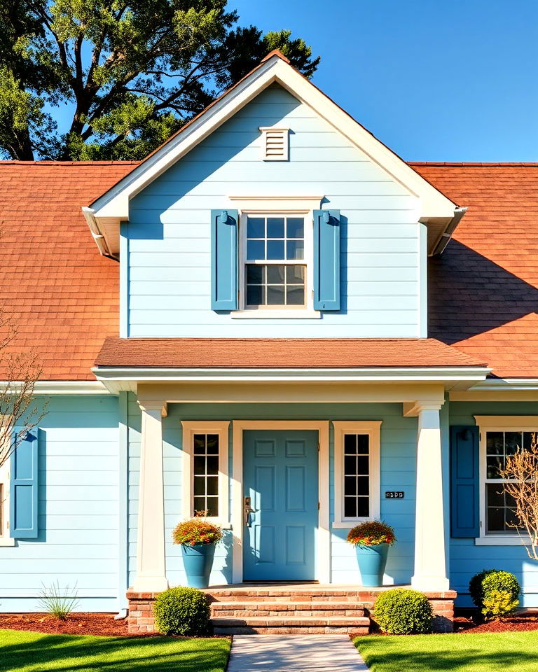 sky blue exterior with warm chestnut brown roof - 25 Blue Exterior Home With a Brown Roof Ideas