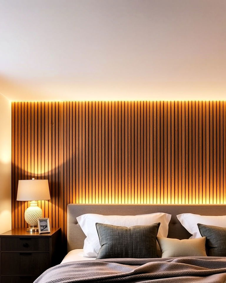 slat accent wall with integrated lighting - 40 Wood Slat Accent Wall Ideas