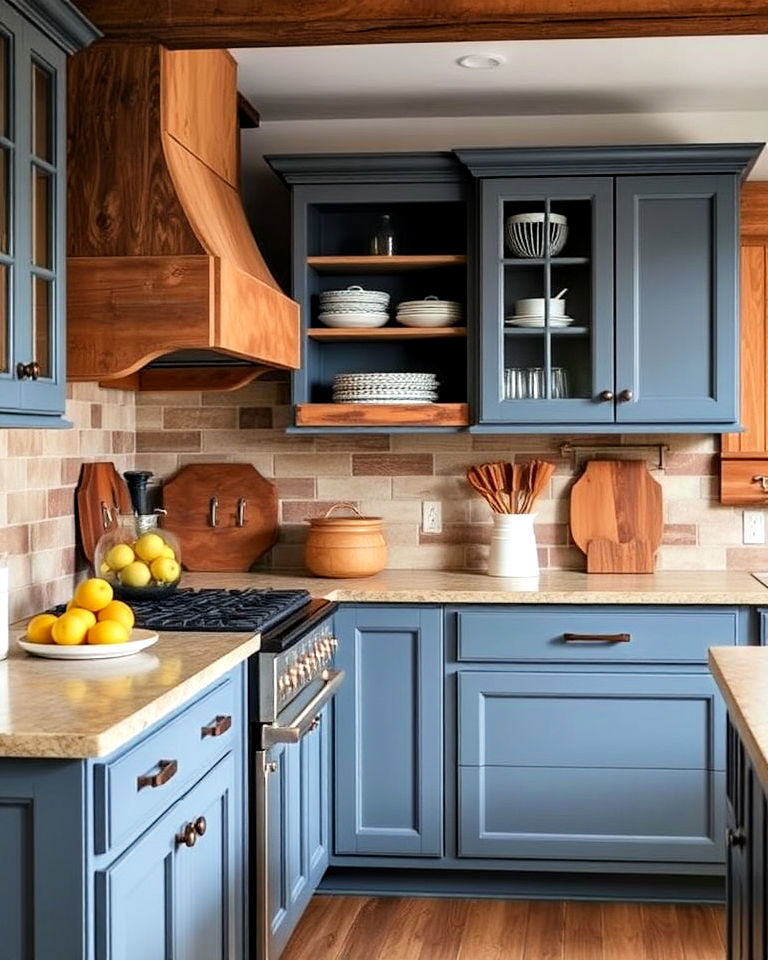 slate blue kitchen cabinets with rustic finishes - 30 Blue Farmhouse Kitchen Cabinets