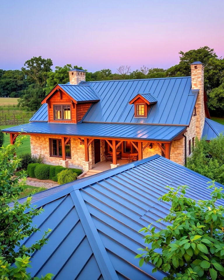 slate blue roof with rustic farmhouse - 25 Houses With Blue Metal Roofs