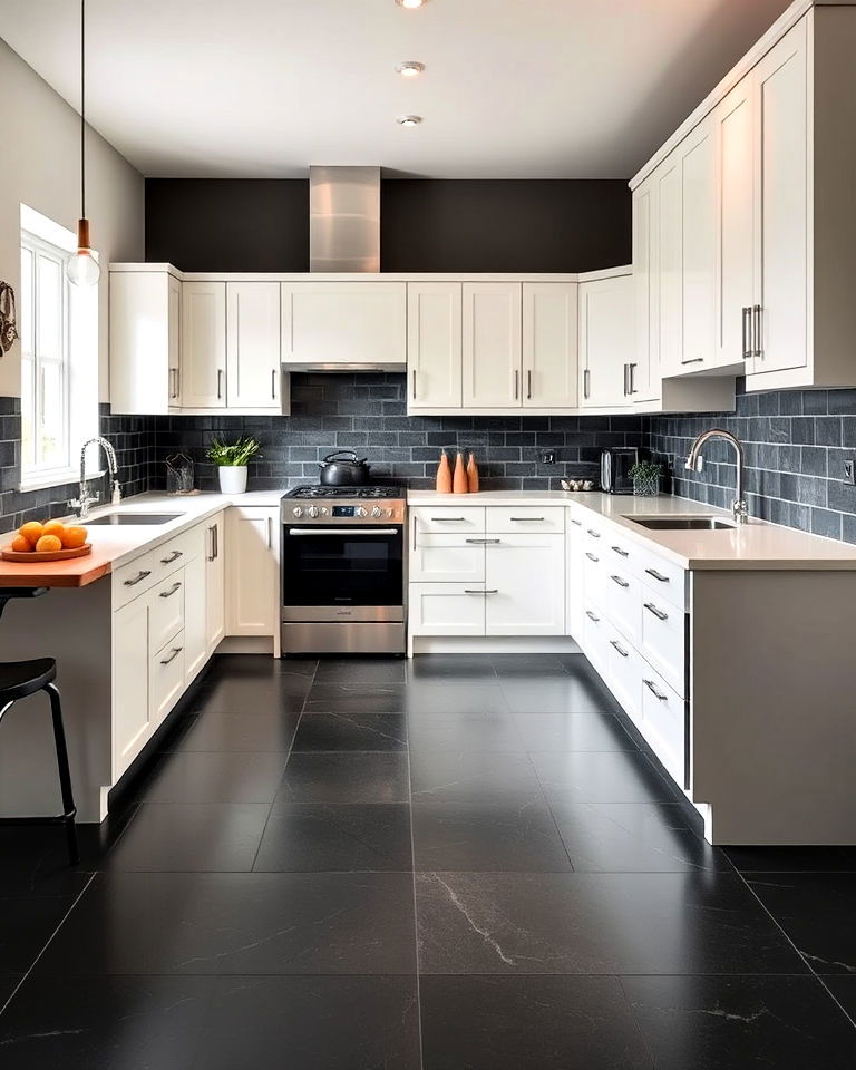 slate floor for high contrast kitchen - 20 Kitchens With Slate Floors