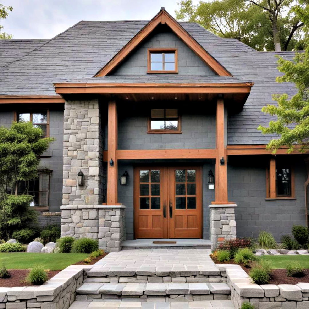 slate gray paired with wood trim accent - 40 Gray Exterior House Paint Ideas