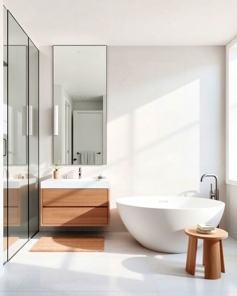 sleek aesthetic frameless mirror - 30 Open Concept Bathroom Ideas