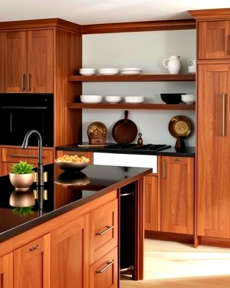 sleek black countertops and woodgrain brown cabinets - 20 Kitchen with Brown Cabinets and Black Countertops Ideas