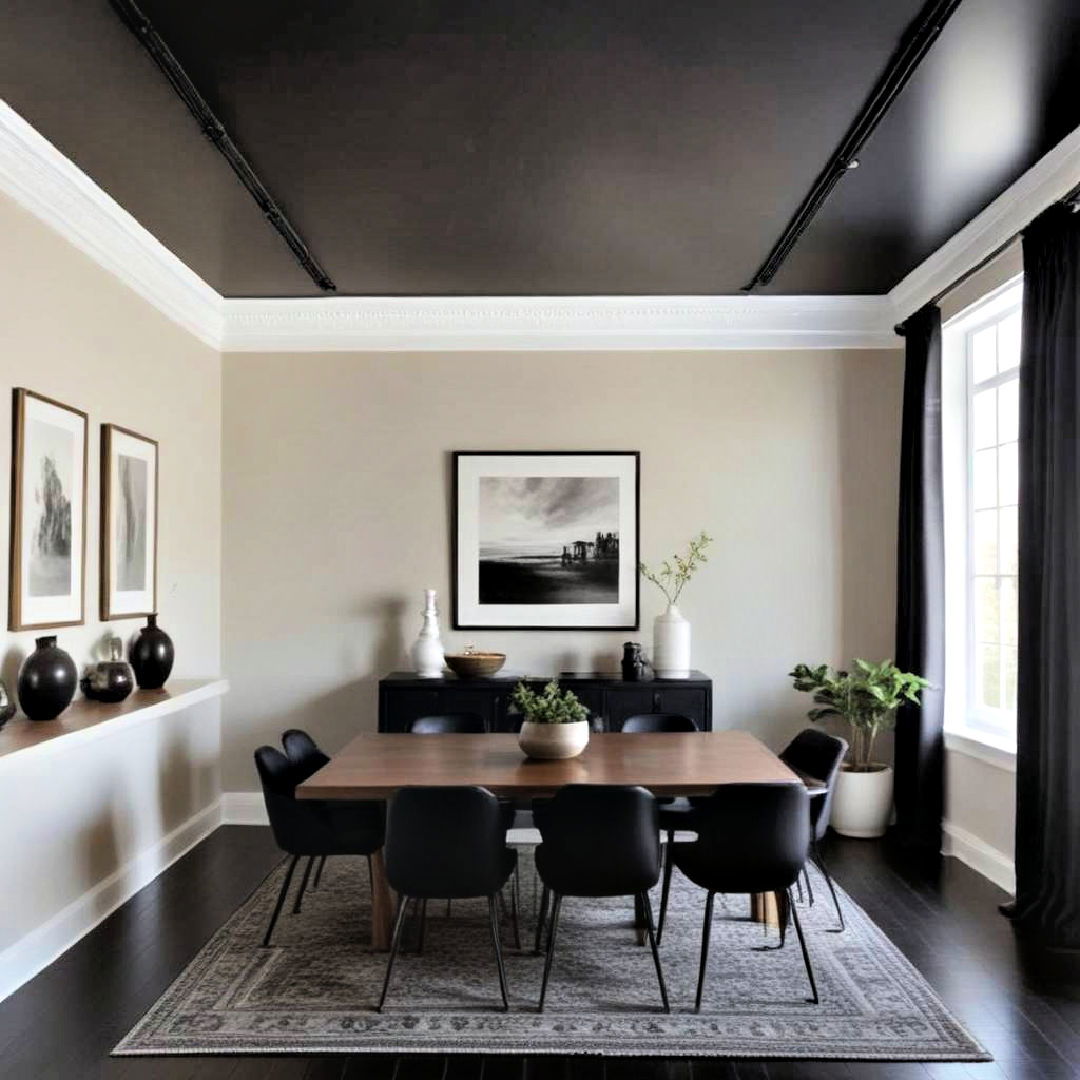 sleek black dining room ceiling - 30 Black Dining Room Ideas